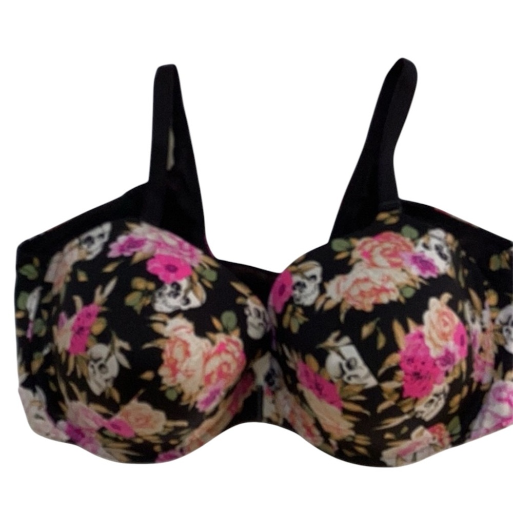 Torrid Curve Black Romantic Floral Skull Full Support Underwire Front‎ Clasp Bra
